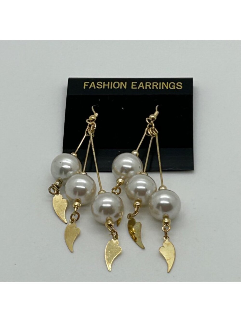 Vintage Gold--tone Faux Pearl Dangle Earrings With Leaf Charms Statement 3.25 in - Picture 11 of 14
